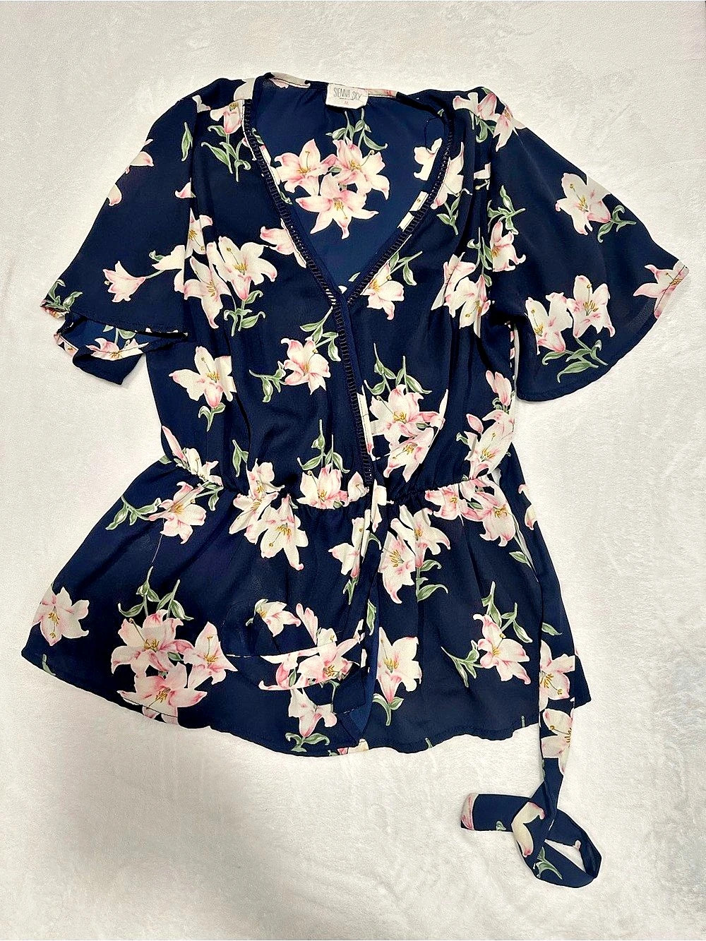 Sienna Sky Floral Wrap Blouse in Blue & Pink Size Medium